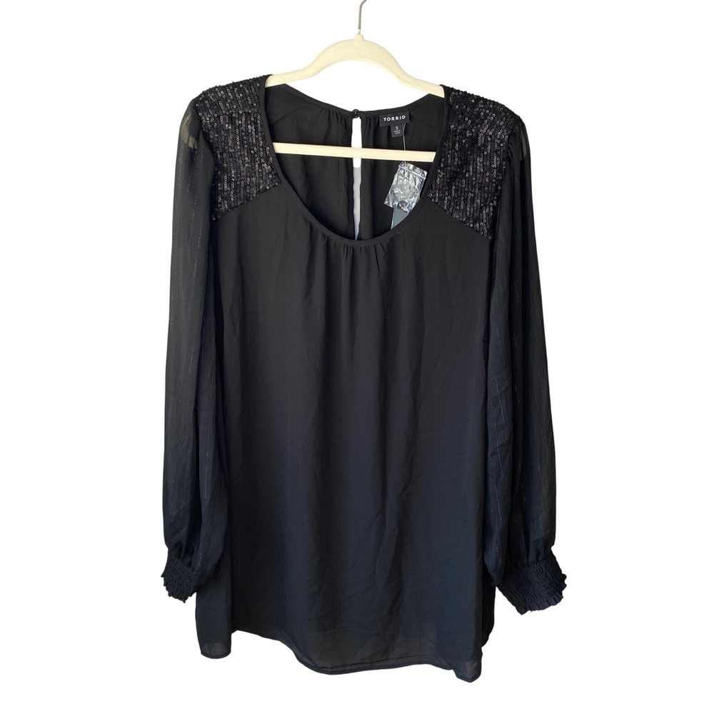 Torrid Black Sequin Shoulder Chiffon Blouse Metallic Stripe Sleeve NWT‎ Size 3